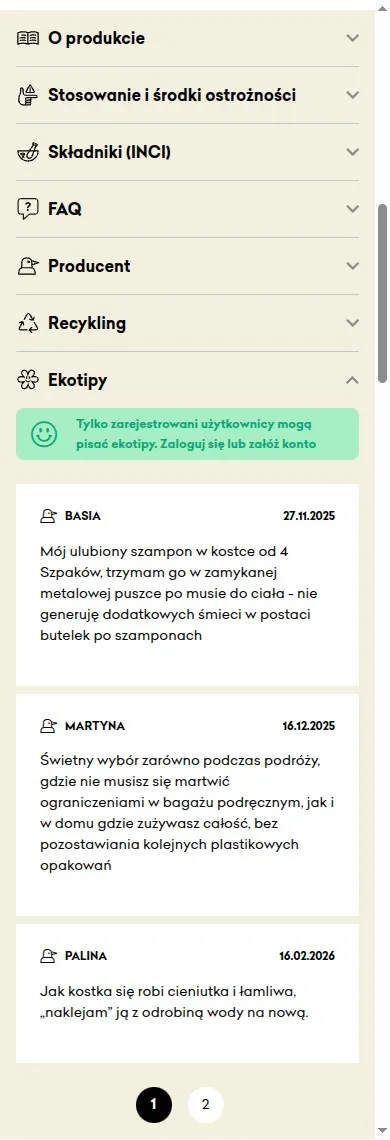 Karta produktu w sklepie 4szpaki.pl na telefonie z rozwiniętą sekcją Ekotipy i opublikowanymi zgłoszeniami klientów