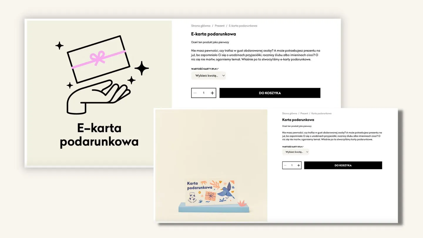 Karty produktu e-karty podarunkowej i tradycyjnej karty podarunkowej Cztery Szpaki z wyborem wartości karty
