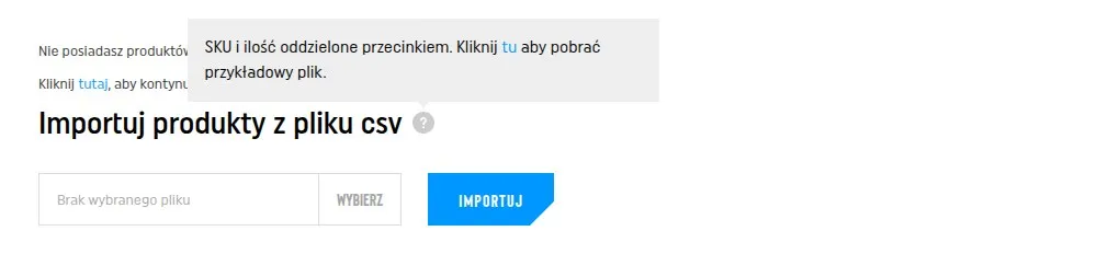 Formularz „Importuj produkty z pliku csv” na stronie koszyka BISON: pole wyboru pliku, przycisk Wybierz i przycisk Importuj, nad nimi podpowiedź o formacie pliku.