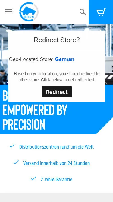 Komunikat „Redirect Store?” na mobilnej wersji sklepu BISON: informacja o sklepie wskazanym na podstawie lokalizacji oraz przycisk Redirect.