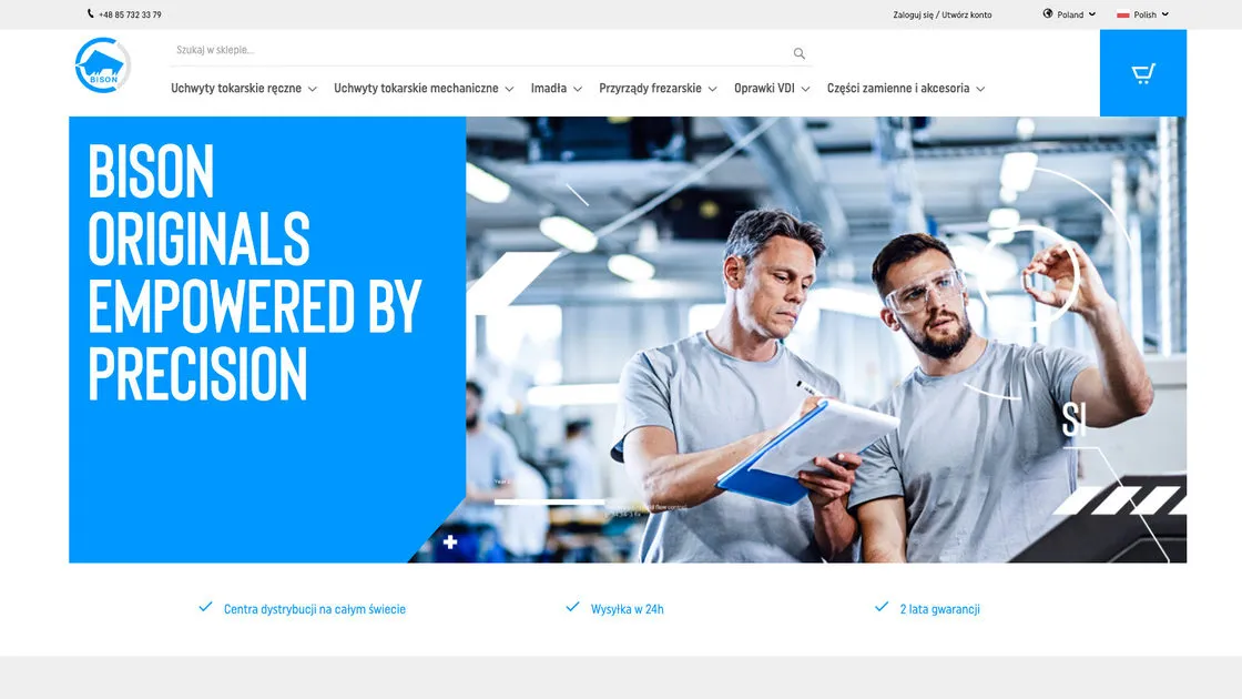 Strona główna sklepu BISON na Magento 2: menu kategorii oprzyrządowania, baner „Bison originals empowered by precision” i trzy obietnice pod nim.