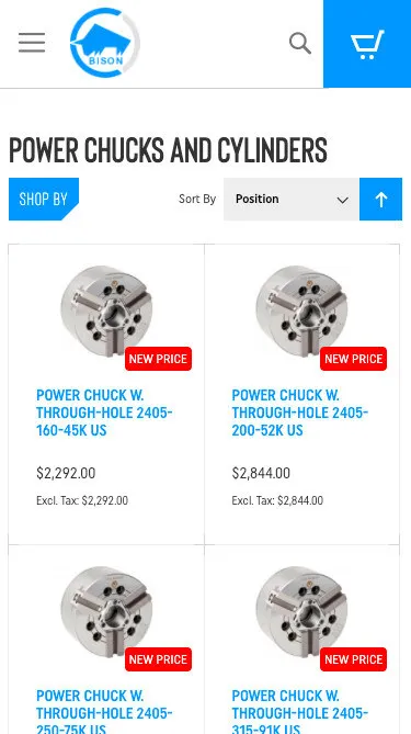 Mobilny listing kategorii Power chucks and cylinders w sklepie BISON: karty produktów z etykietami „New price” i cenami w dolarach.
