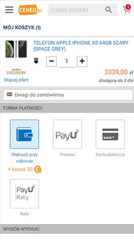 Koszyk KUP TERAZ w Ceneo.pl na ekranie telefonu: jeden produkt z ceną 3339,00 zł i informacją o dostępności do 3 dni, pole uwag do zamówienia, wybór formy płatności — płatność przy odbiorze, przelew, karta płatnicza i raty — oraz nagłówek sekcji sposobu wysyłki.