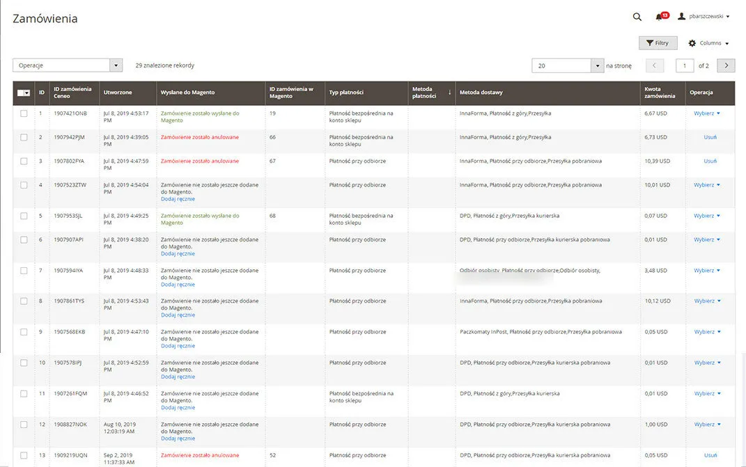 Lista zamówień z Ceneo.pl w panelu Magento 2: kolumny ID, ID zamówienia Ceneo, Utworzone, Wysłane do Magento, ID zamówienia w Magento, Typ płatności, Metoda płatności, Metoda dostawy, Kwota zamówienia i Operacja. W kolumnie Wysłane do Magento widnieją komunikaty „Zamówienie zostało wysłane do Magento”, „Zamówienie zostało anulowane” oraz „Zamówienie nie zostało jeszcze dodane do Magento” z odsyłaczem „Dodaj ręcznie”. Metody dostawy obejmują DPD, Paczkomaty InPost, odbiór osobisty i przesyłkę pobraniową, a typy płatności — płatność przy odbiorze i płatność bezpośrednią na konto sklepu.