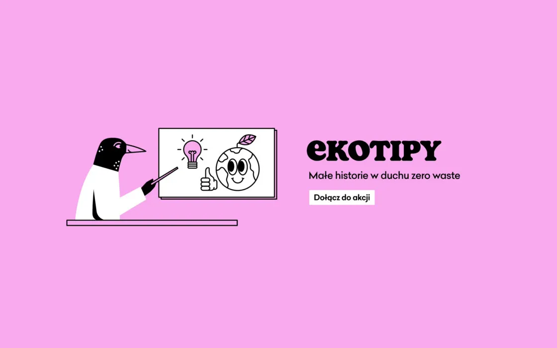 Banner akcji Ekotipy w sklepie 4 Szpaki: ilustracja szpaka przy tablicy i hasło „Małe historie w duchu zero waste”