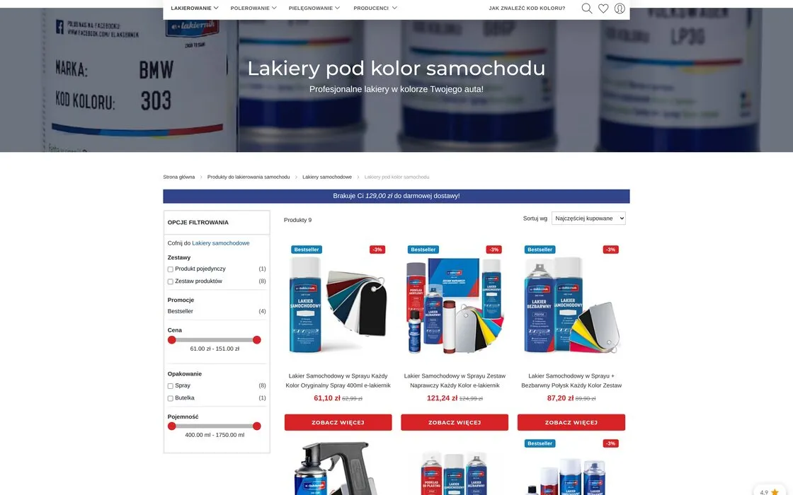 Listing lakierów pod kolor samochodu w sklepie e‑lakiernik.net: banner kategorii, kolumna filtrów i kafle produktów z cenami