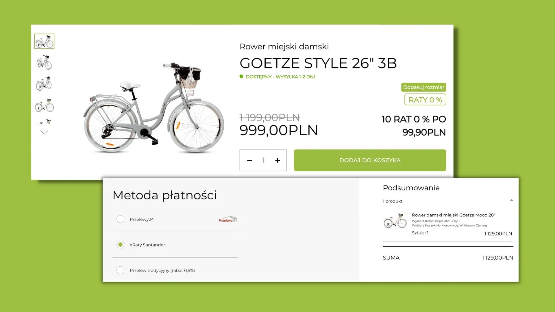 Karta roweru Goetze Style 26 cali z oznaczeniem RATY 0 % i kwotą dziesięciu rat, a pod nią wybór metody płatności w koszyku z zaznaczoną opcją eRaty Santander.