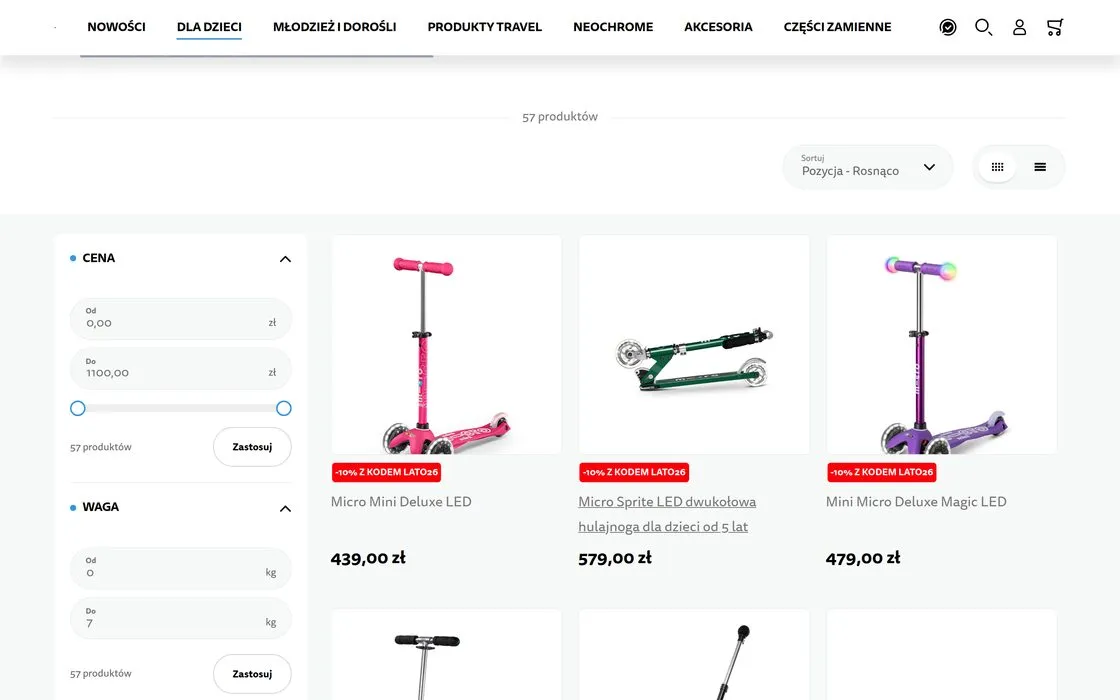 Listing hulajnóg dla dzieci w sklepie Hulajnogi Micro: po lewej filtry ceny i wagi z licznikiem produktów, po prawej siatka hulajnóg z cenami.