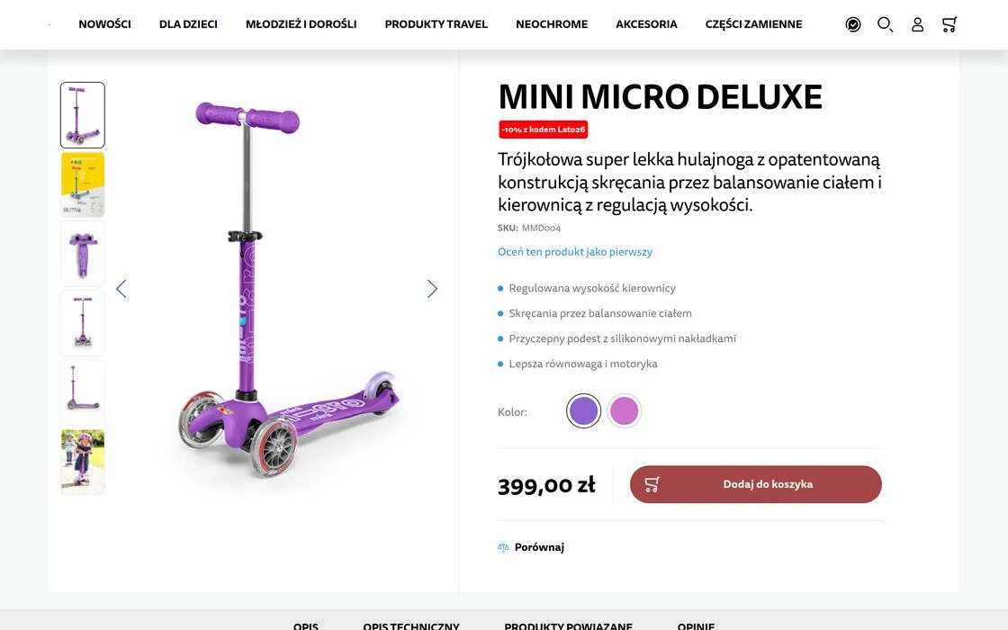 Karta produktu Mini Micro Deluxe w sklepie Hulajnogi Micro: galeria zdjęć hulajnogi, lista cech, wybór koloru, cena i przycisk dodania do koszyka.