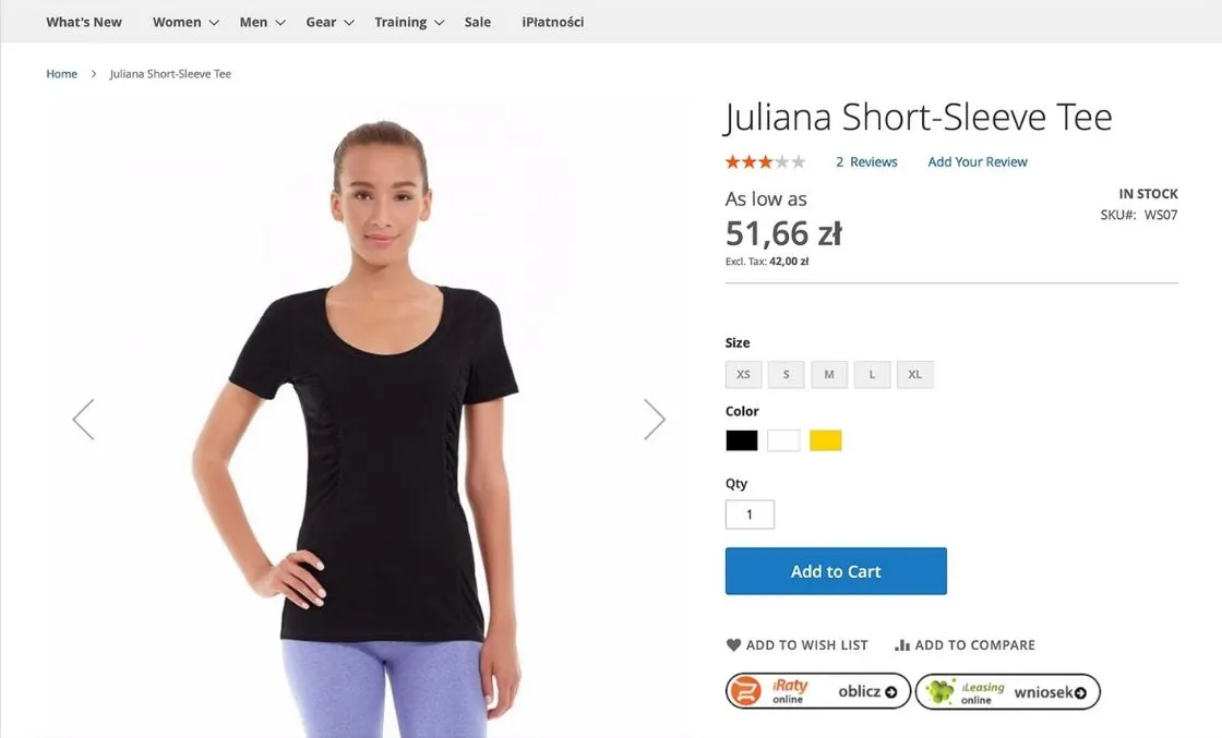 Strona produktu w sklepie Magento 2: cena, wybór rozmiaru i koloru oraz przycisk dodania do koszyka, a pod nim dwa przyciski modułu — iRaty online z etykietą „oblicz” i iLeasing online z etykietą „wniosek”. W menu głównym sklepu widoczna zakładka iPłatności.
