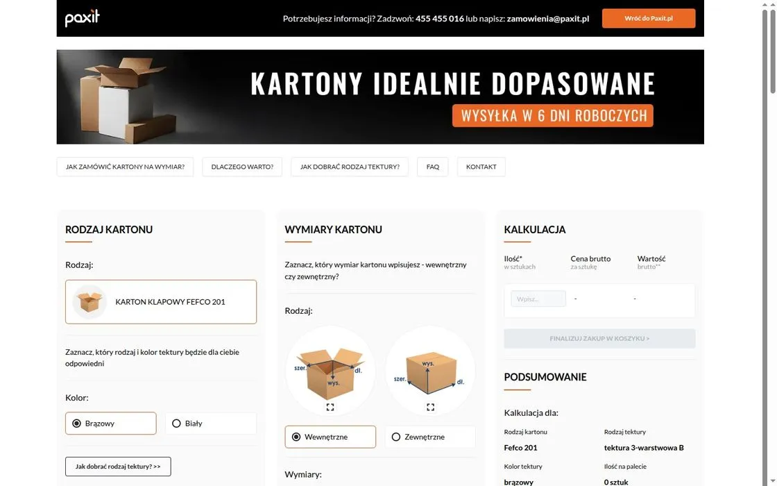 Konfigurator kartonów na wymiar Paxit: wybór kartonu klapowego Fefco 201, koloru tektury, wymiarów wewnętrznych oraz kalkulacja ceny