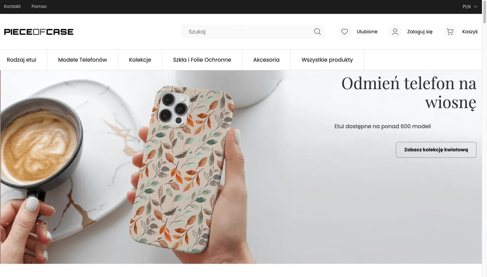 Strona główna sklepu Piece of Case na Magento 2: menu kategorii, baner kolekcji i etui w dłoni