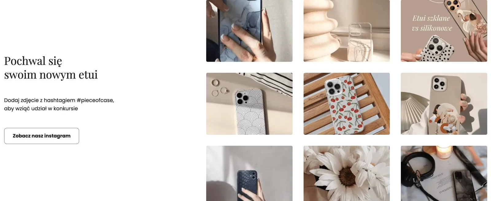 Blok Instagrama na stronie głównej Piece of Case: siatka dziewięciu zdjęć etui i przycisk do profilu marki