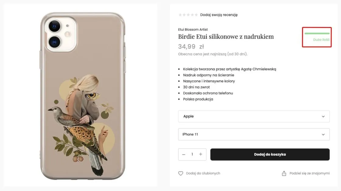 Karta produktu Piece of Case z wyborem marki i modelu telefonu oraz podświetlonym wskaźnikiem dostępności