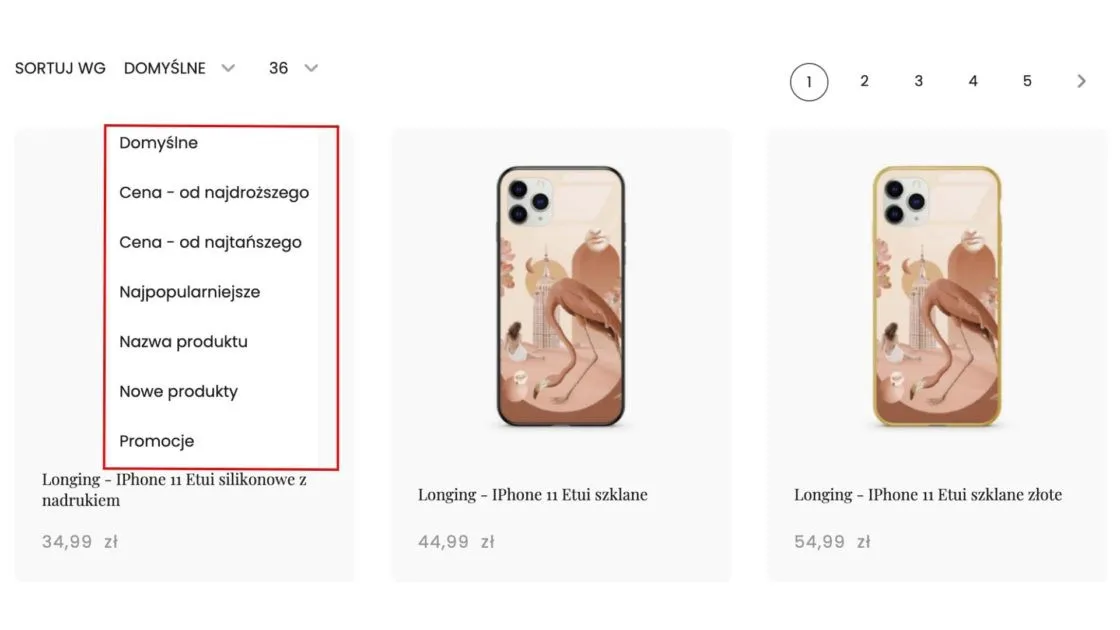 Lista produktów Piece of Case z rozwiniętym menu sortowania i podświetloną listą metod