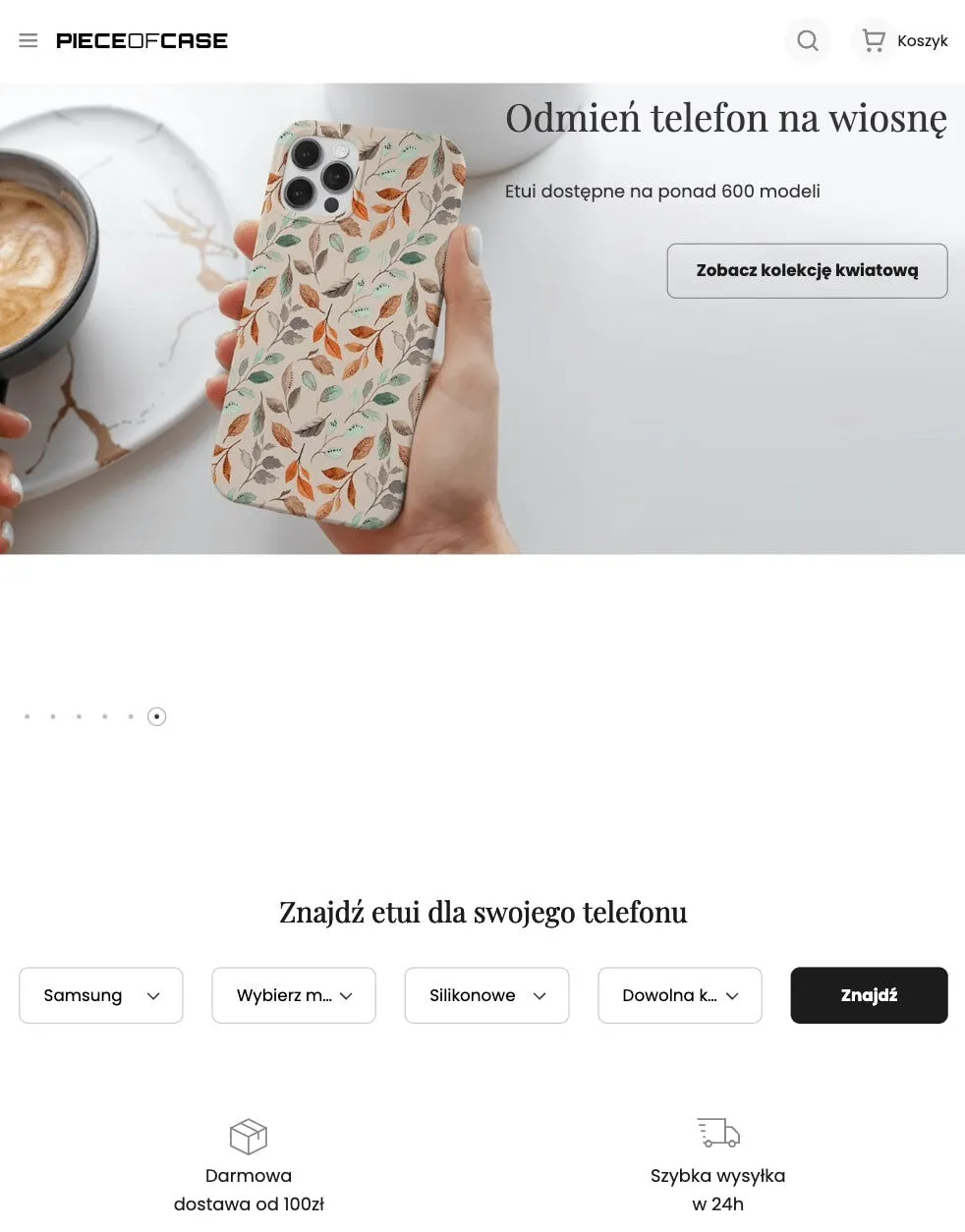 Sklep Piece of Case na tablecie: baner kolekcji i wyszukiwanie etui po modelu telefonu