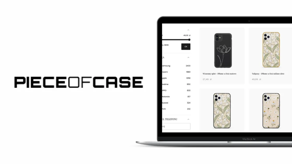 Sklep Piece of Case na Magento 2, pokazany na laptopie