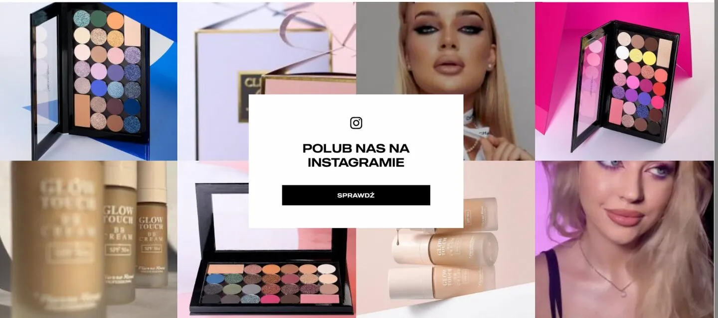 Blok w sklepie z ośmioma kadrami z profilu marki na Instagramie i kartą z zaproszeniem do obserwowania profilu.