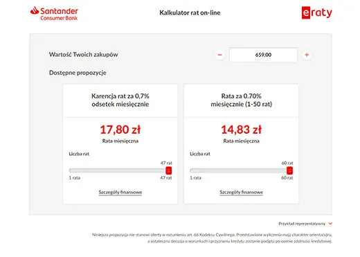 Kalkulator rat on-line eRaty w widoku desktopowym: znak Santander Consumer Bank po lewej, znak eRaty po prawej, pole wartości zakupów z kwotą 659,00, dwie propozycje finansowania — karencja rat za 0,7% odsetek miesięcznie z ratą 17,80 zł oraz rata za 0,70% miesięcznie w zakresie od 1 do 50 rat z ratą 14,83 zł — każda z suwakiem liczby rat i odsyłaczem do szczegółów finansowych.