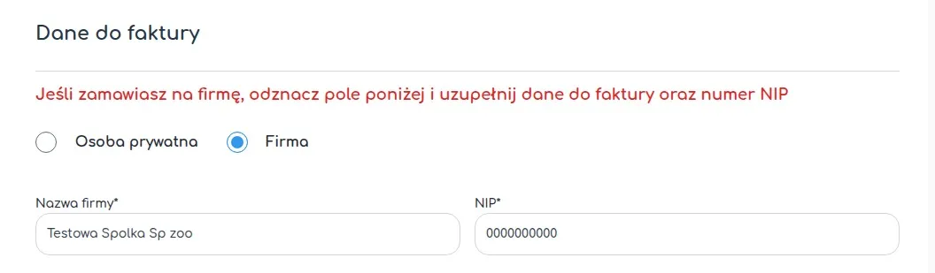 Dane firmy do faktury z numerem NIP w kasie SklepBaterie.pl