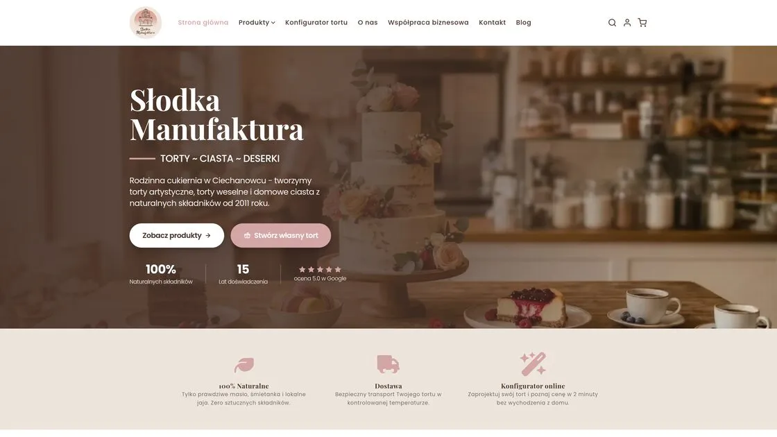 Strona główna sklepu Słodka Manufaktura na Shopify, z konfiguratorem tortu w menu sklepu