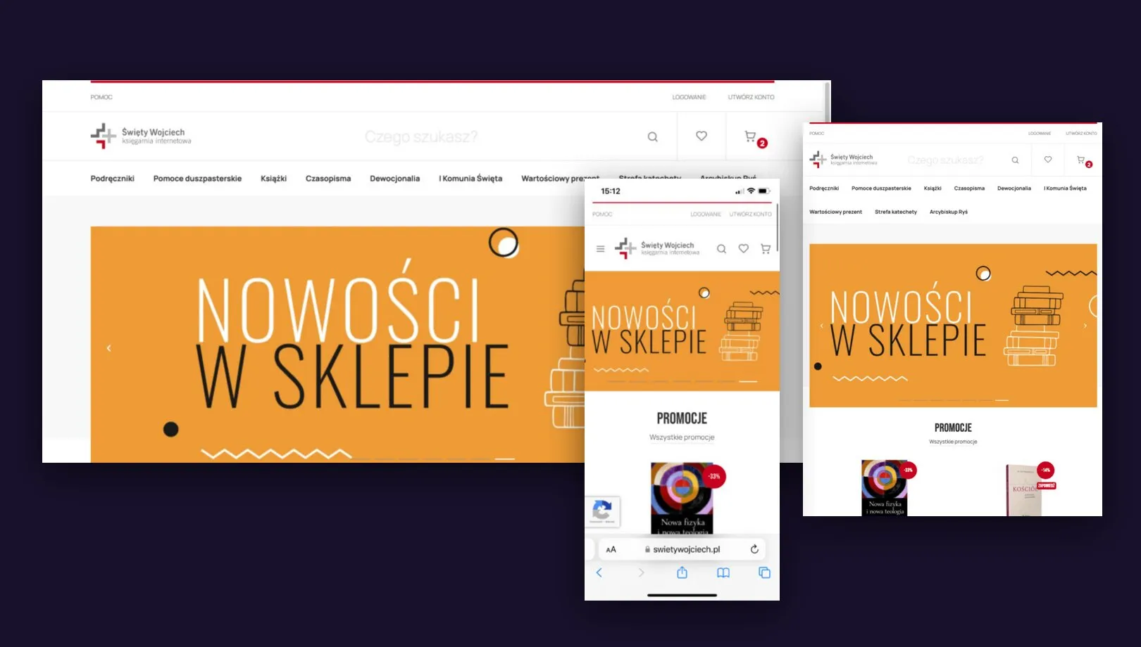 Strona główna Księgarni Internetowej Święty Wojciech w widoku na komputerze, tablecie i telefonie.