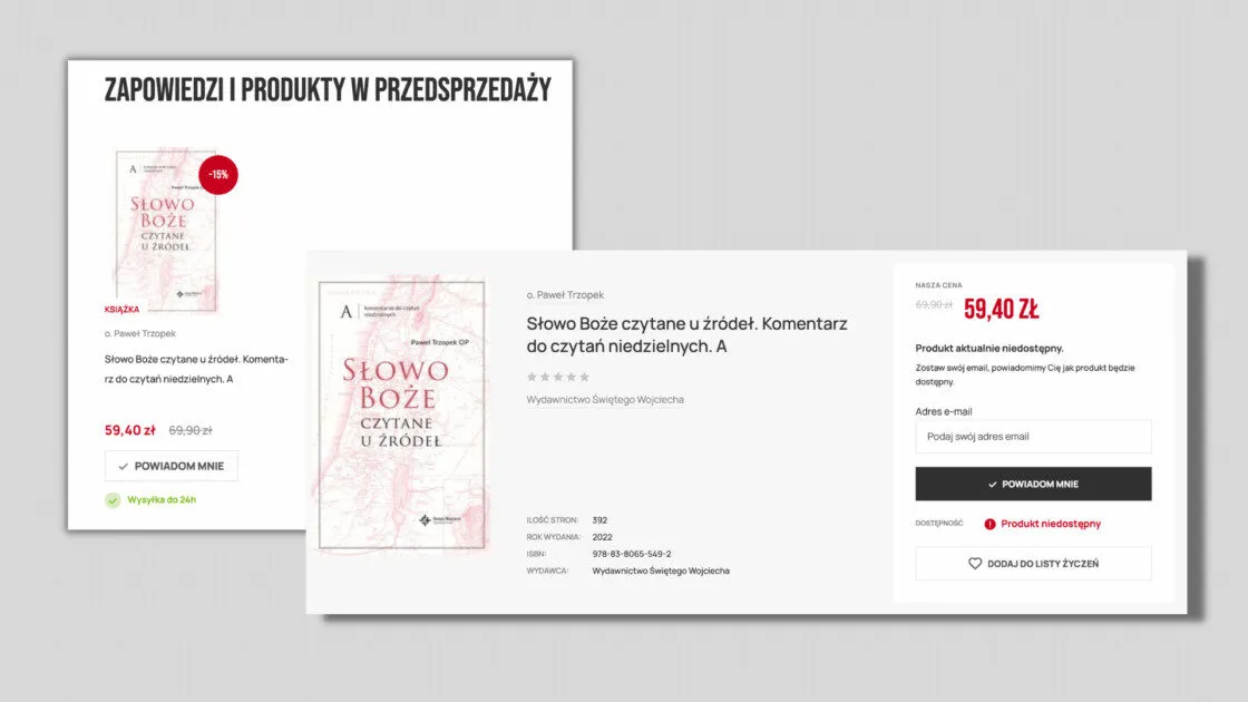 Blok „Zapowiedzi i produkty w przedsprzedaży” na stronie głównej księgarni oraz karta produktu z przyciskiem „Powiadom mnie”.