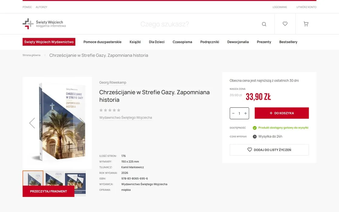 Karta produktu w sklepie Święty Wojciech z przyciskiem „Przeczytaj fragment” pod miniaturami okładki oraz danymi wydawniczymi publikacji.