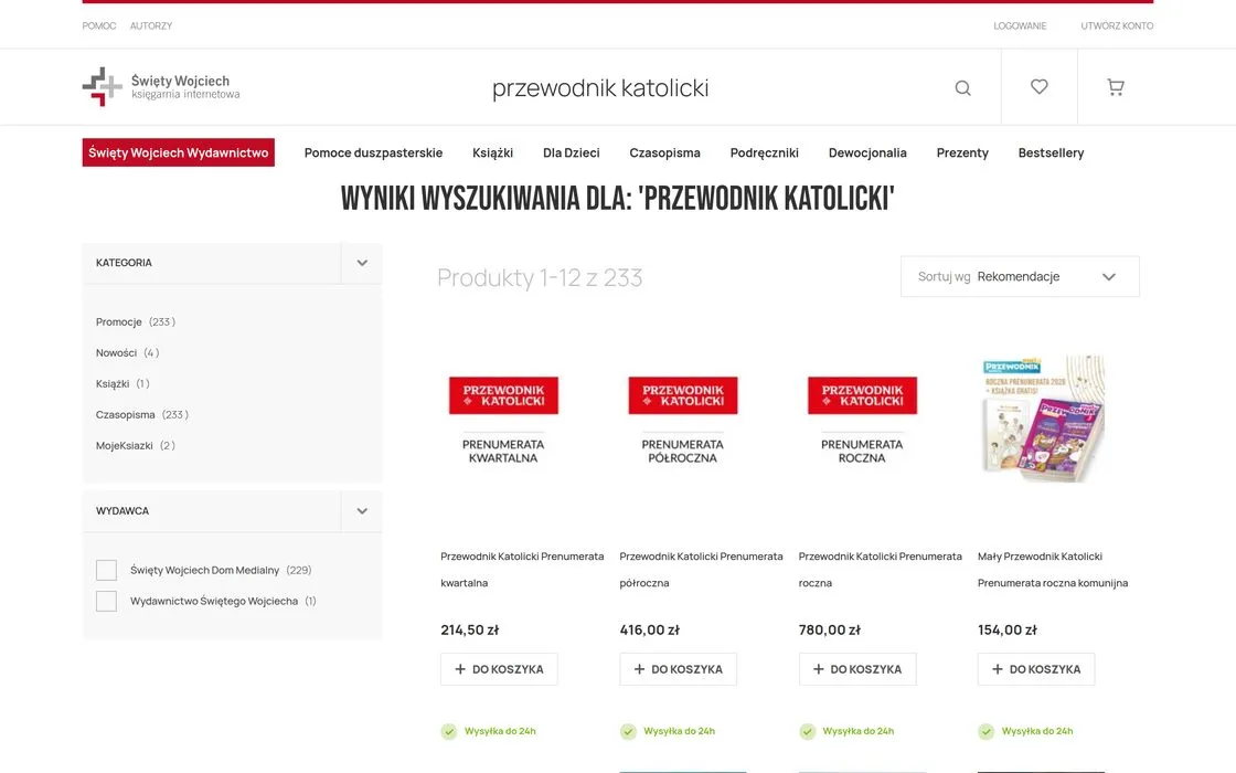 Wyniki wyszukiwania w sklepie Święty Wojciech z filtrami kategorii i wydawcy obok listy produktów.